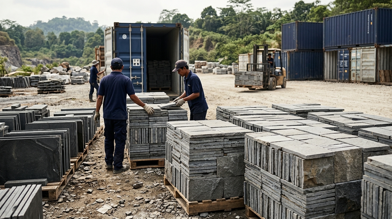 Andesite stone paving tiles stacked at an Indonesian quarry yard with grey and dark volcanic stone slabs visible, workers…