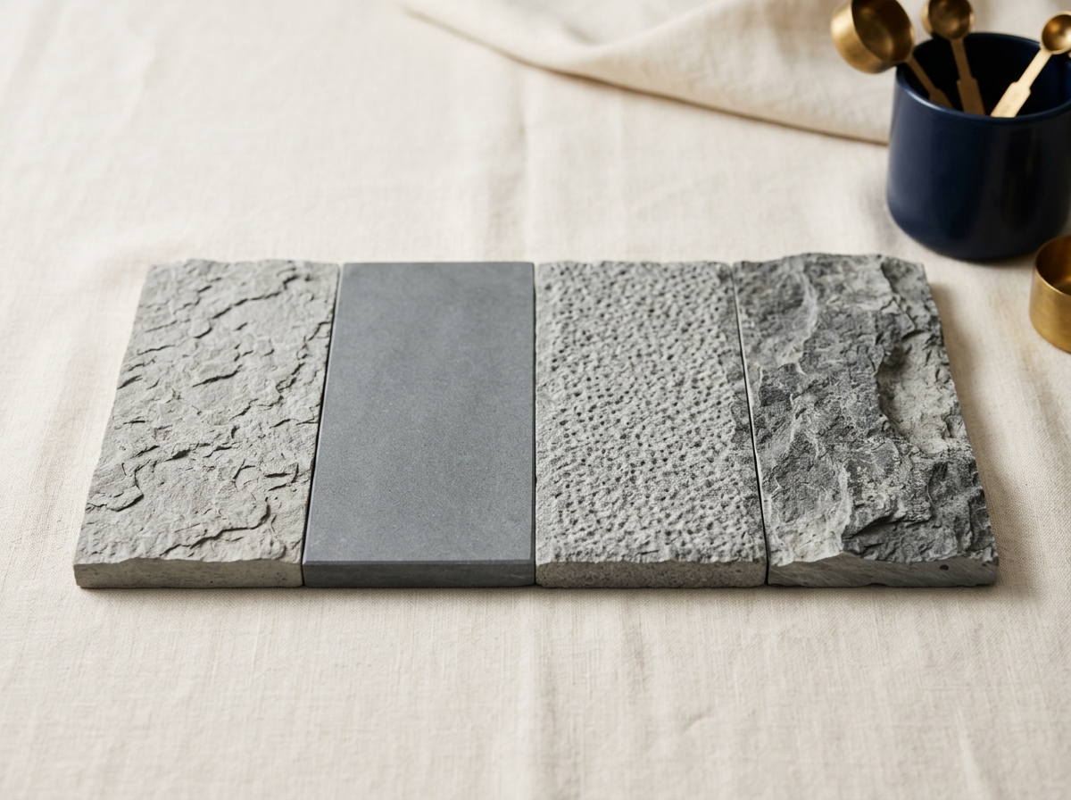 Four Indonesian andesite surface finishes compared: flamed, honed, bush-hammered, natural split