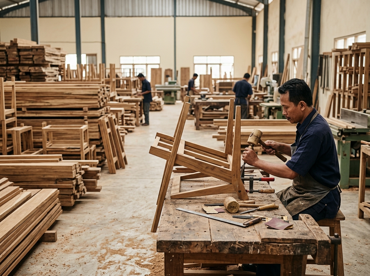Teak furniture manufacturing workshop in Jepara Indonesia
