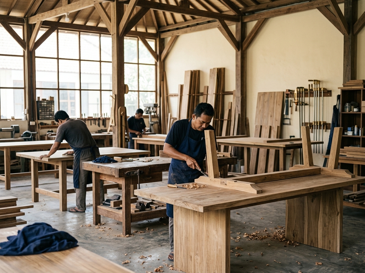 Bali furniture workshop with craftsmen producing teak export furniture
