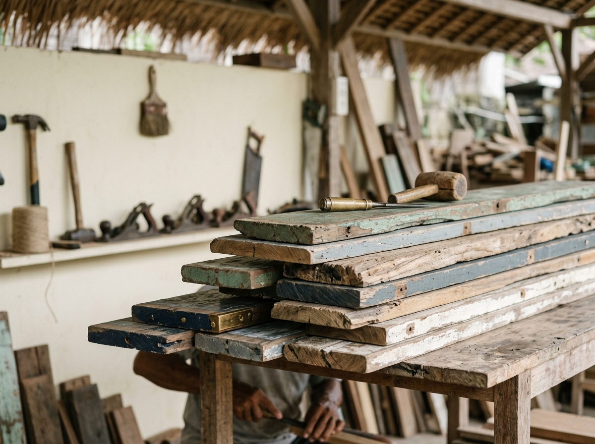 Reclaimed boat wood planks showing natural weathering and grain variation in an Indonesian workshop