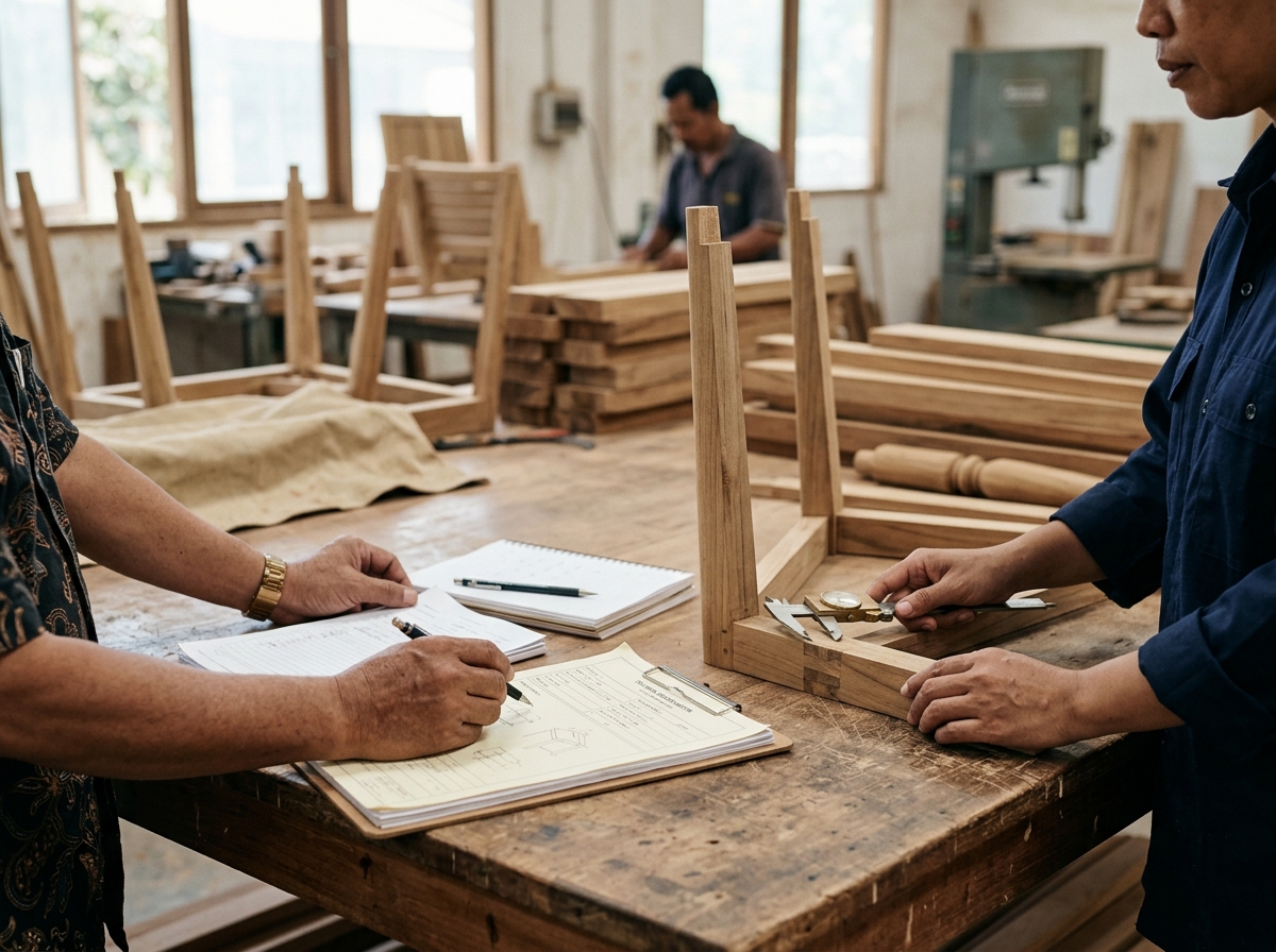 Business representative reviewing supplier documentation and teak furniture samples in an Indonesian factory