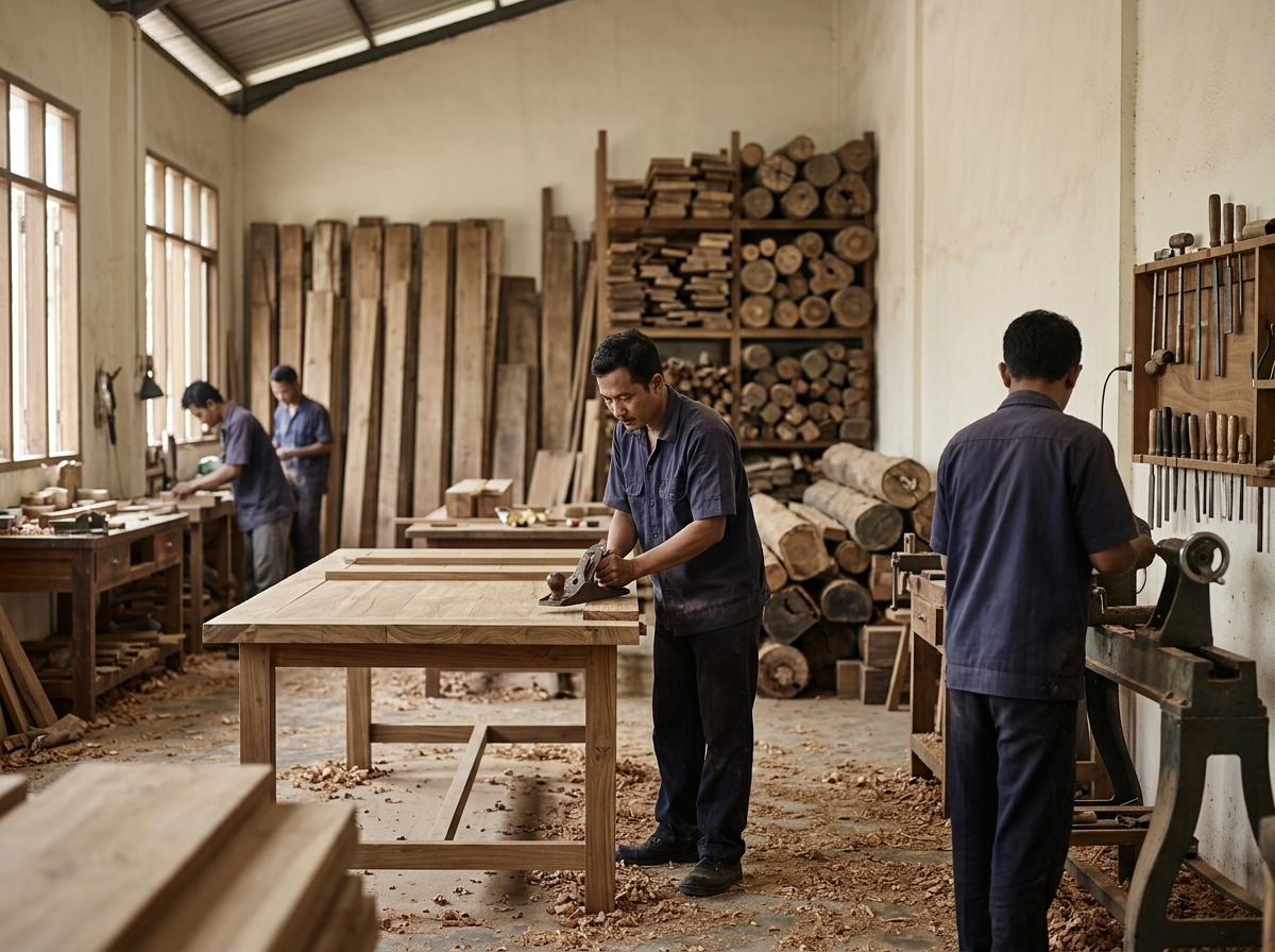 Teak furniture production workshop in Jepara, Central Java, Indonesia
