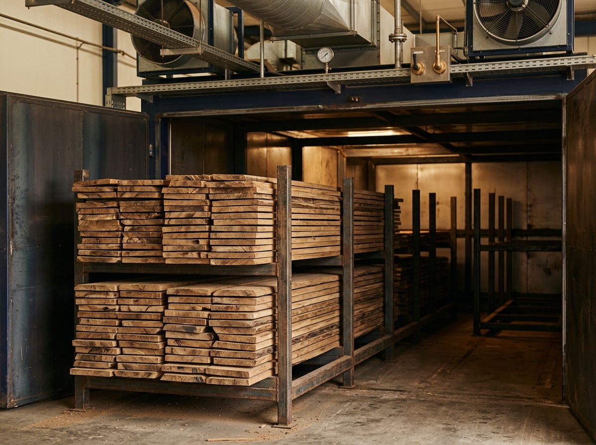 Industrial kiln drying chamber for teak furniture timber in an Indonesian factory