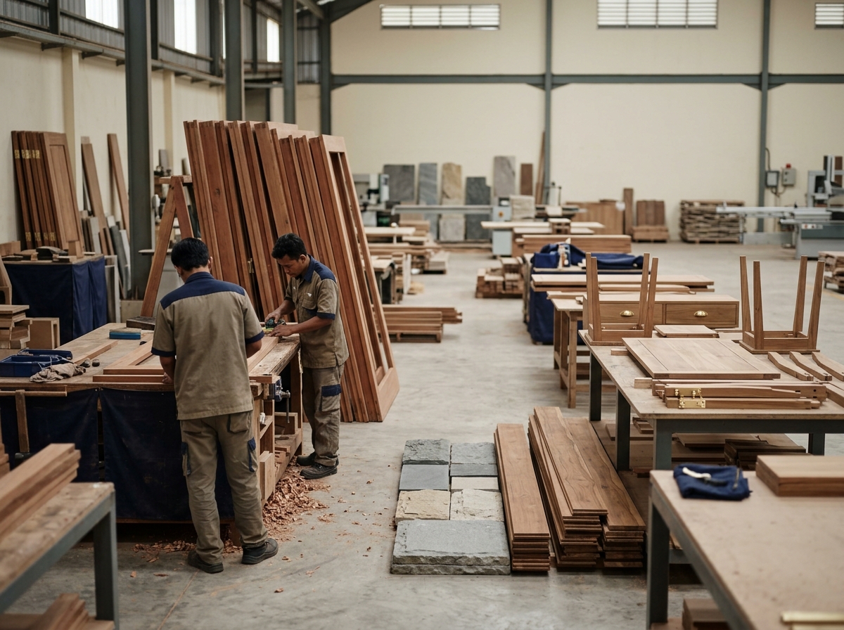 Cross-category building materials and furniture components in an Indonesian export facility