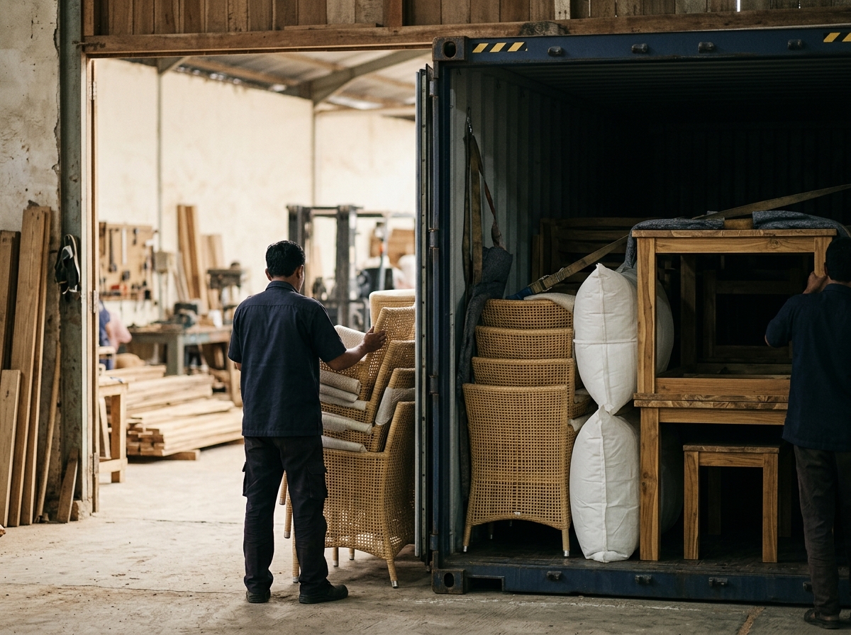 Container loading furniture Indonesia 40ft — teak and rattan pieces being loaded at a Jepara factory warehouse