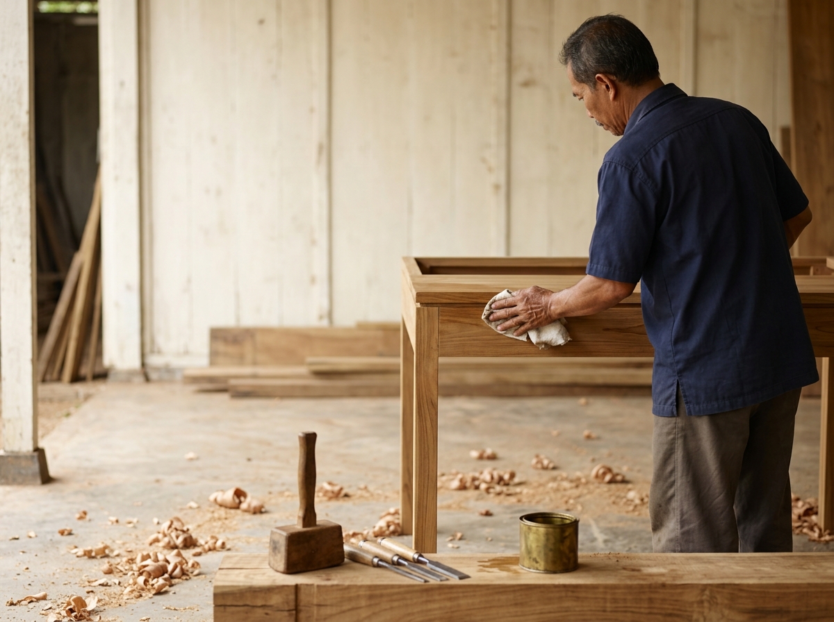 Teak furniture production workshop in Jepara Indonesia