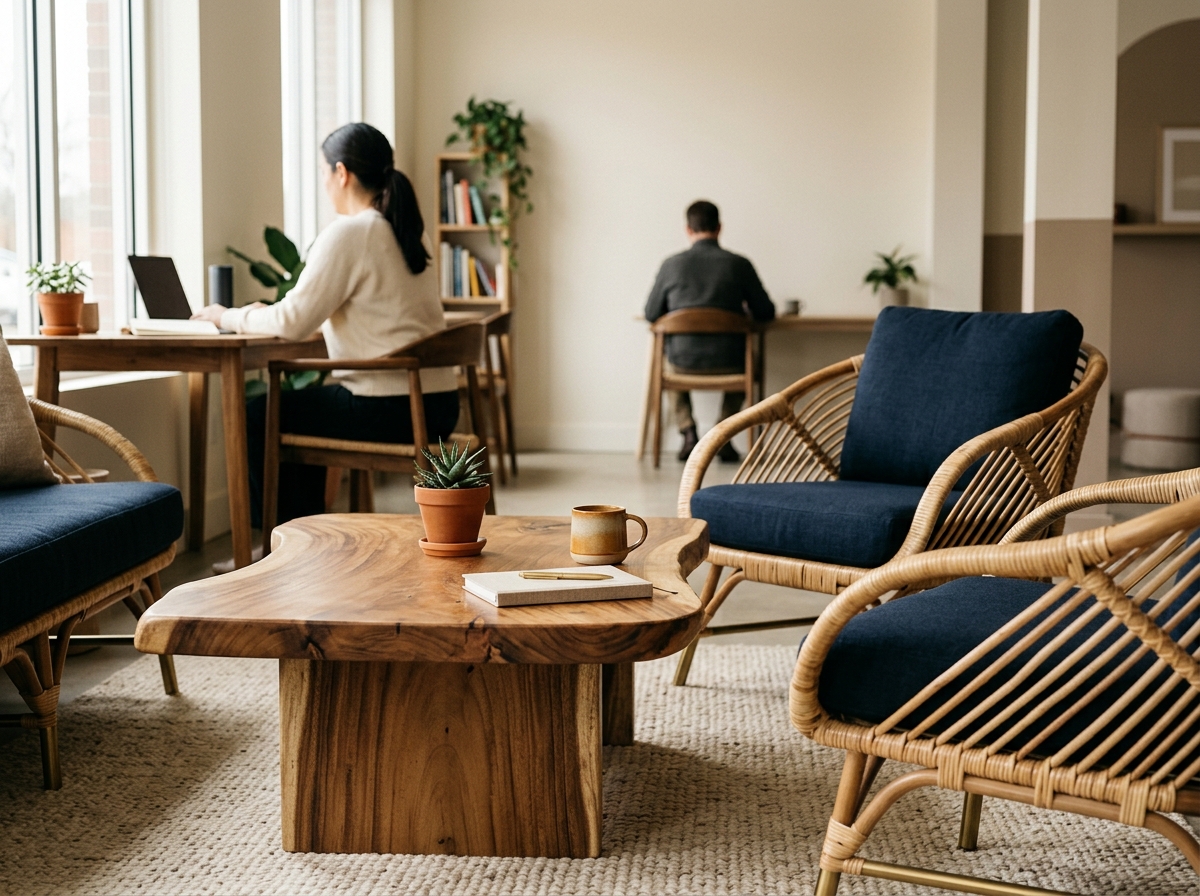 Rattan and suar wood lounge furniture in a coworking space