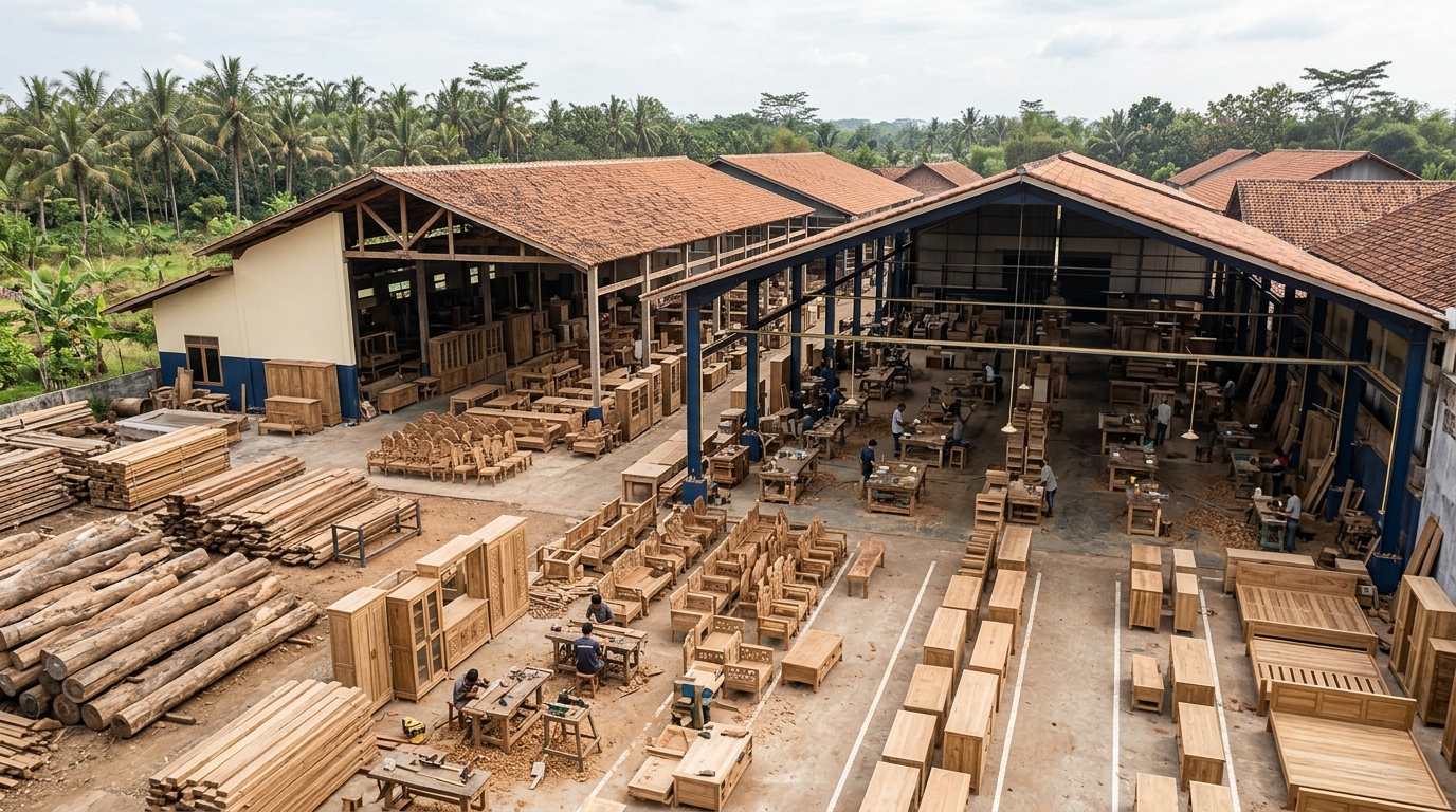 Aerial view of a large teak furniture manufacturing workshop in Jepara, Central Java, Indonesia, showing rows of…
