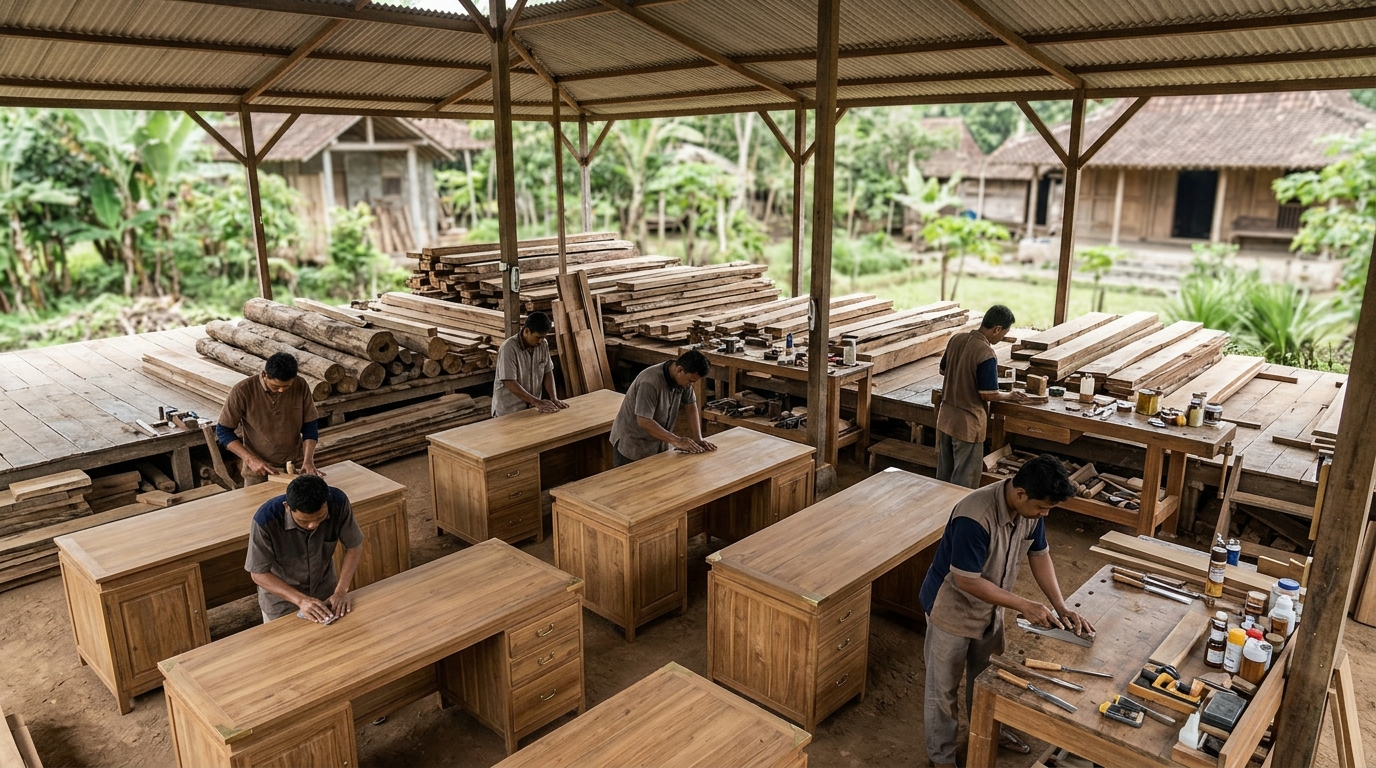 Aerial view of a large timber workshop in Jepara, Central Java, with craftsmen hand-finishing teak executive desks on a…
