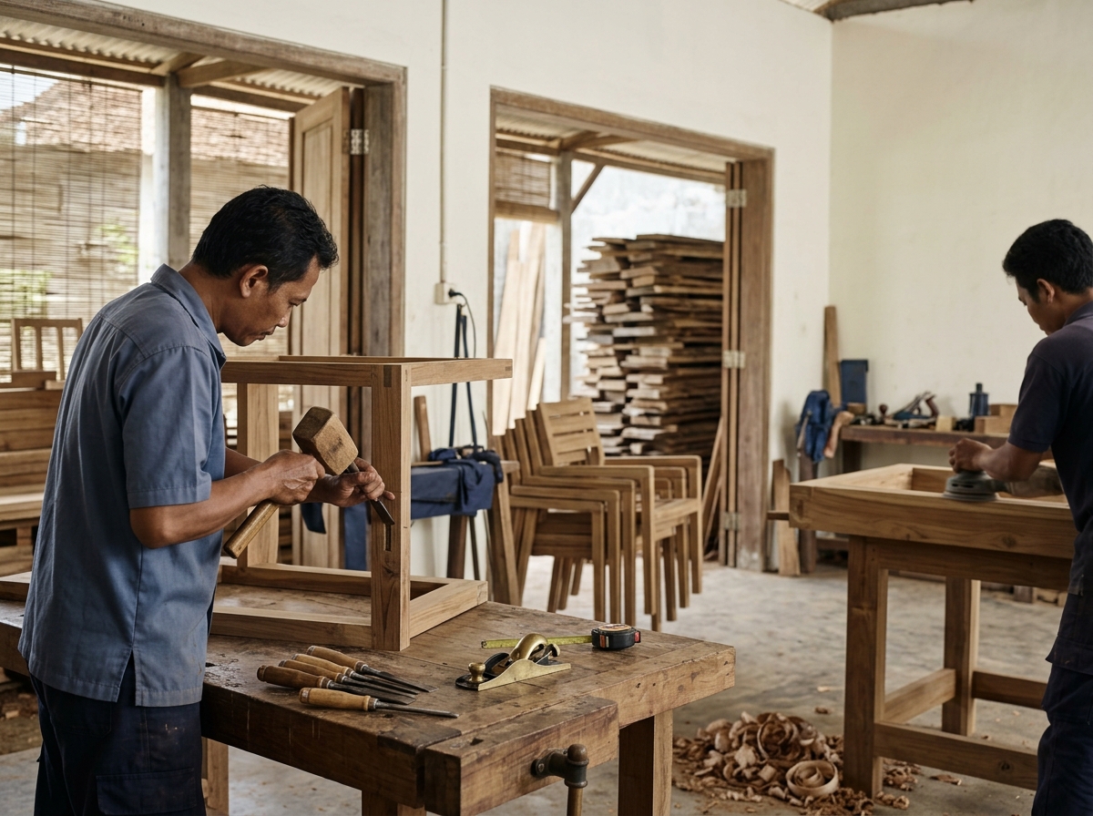 Jepara teak furniture workshop during active production