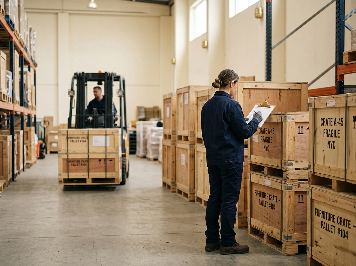 FF&E consolidation warehouse in Indonesia with crated furniture ready for export