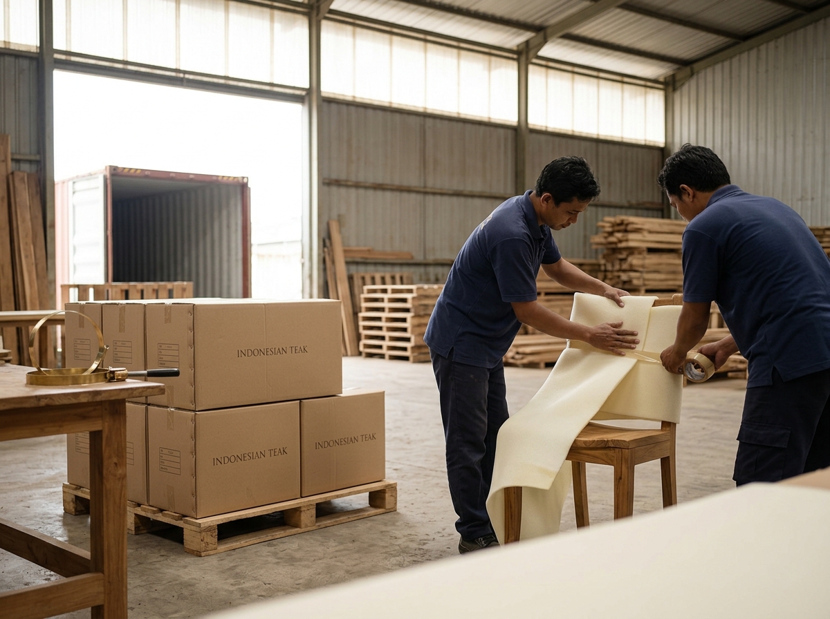 Furniture consolidation warehouse Indonesia with workers packing teak chairs