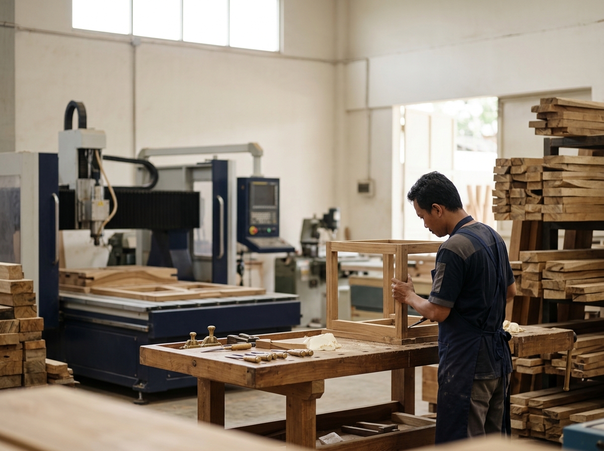 Indonesian furniture factory floor with CNC machinery and teak lumber