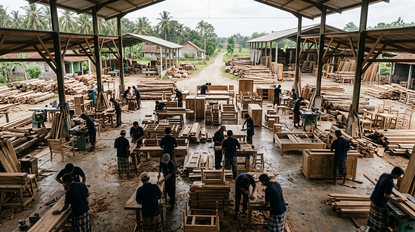 Aerial view of a large teak furniture workshop in Jepara, Central Java, Indonesia, showing craftspeople working on solid…