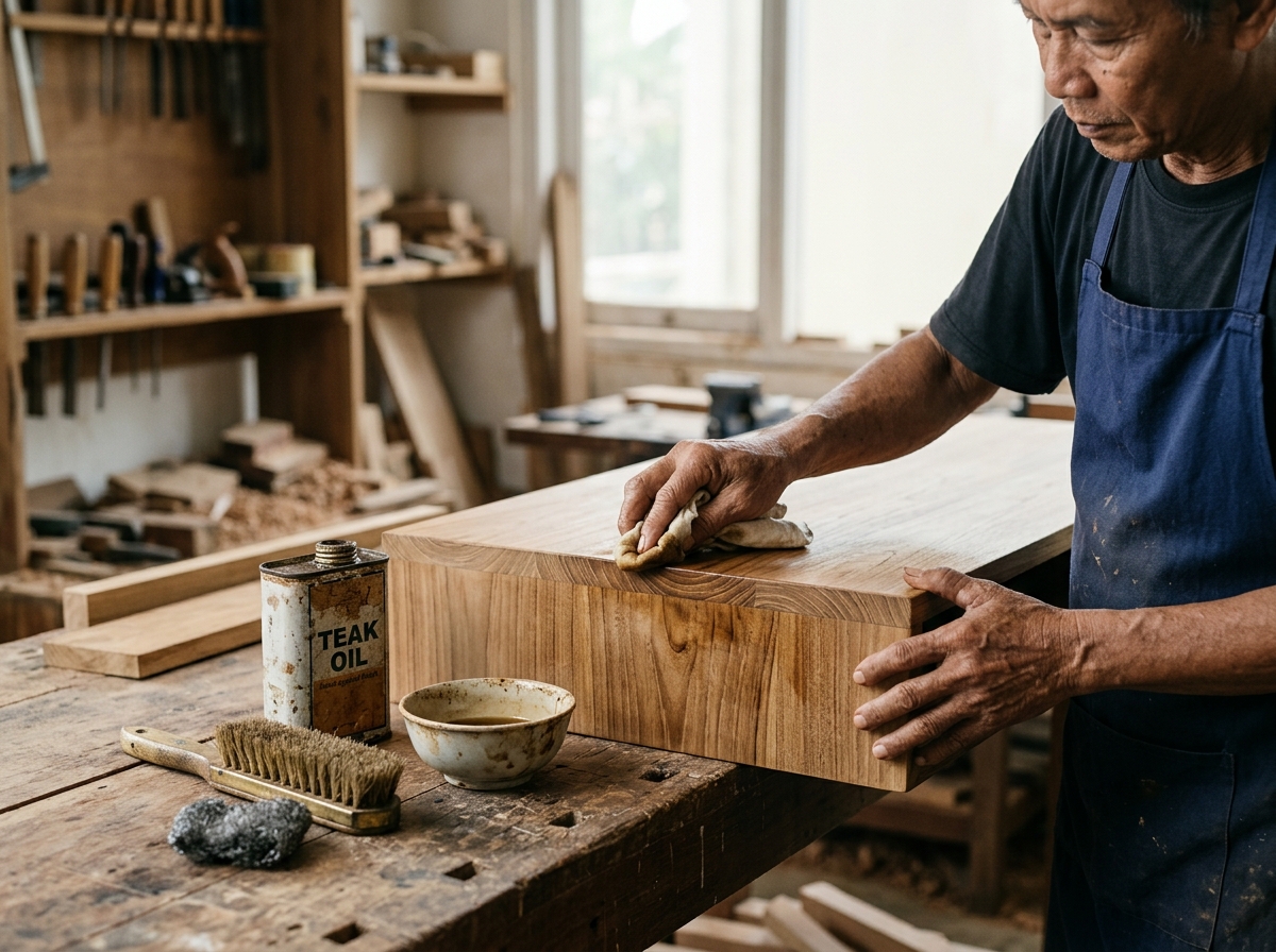 Wood finishing process at an Indonesian furniture workshop