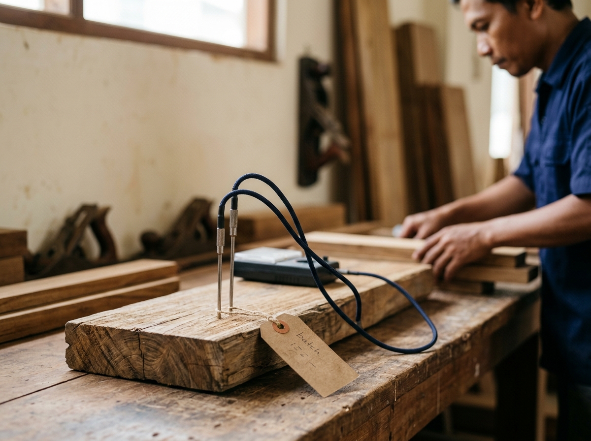 Teak timber moisture content verification in an Indonesian furniture factory
