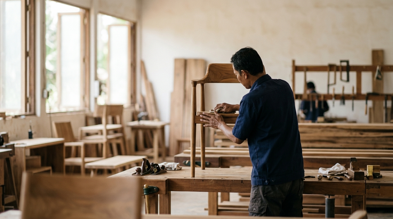 Indonesian furniture craftsman in a Jepara workshop hand-finishing a teak dining chair sample — furniture sample ordering…