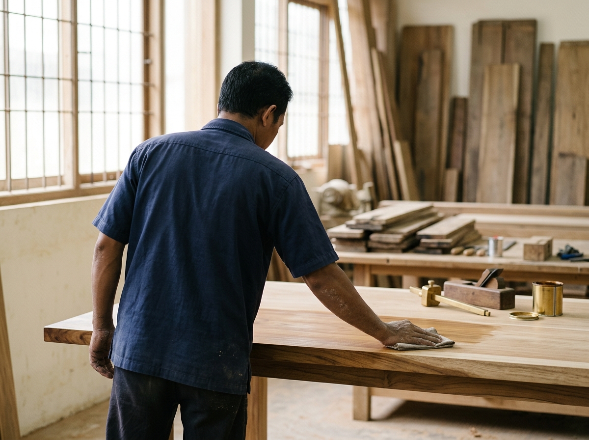 Furniture craftsmen in a Jepara teak workshop
