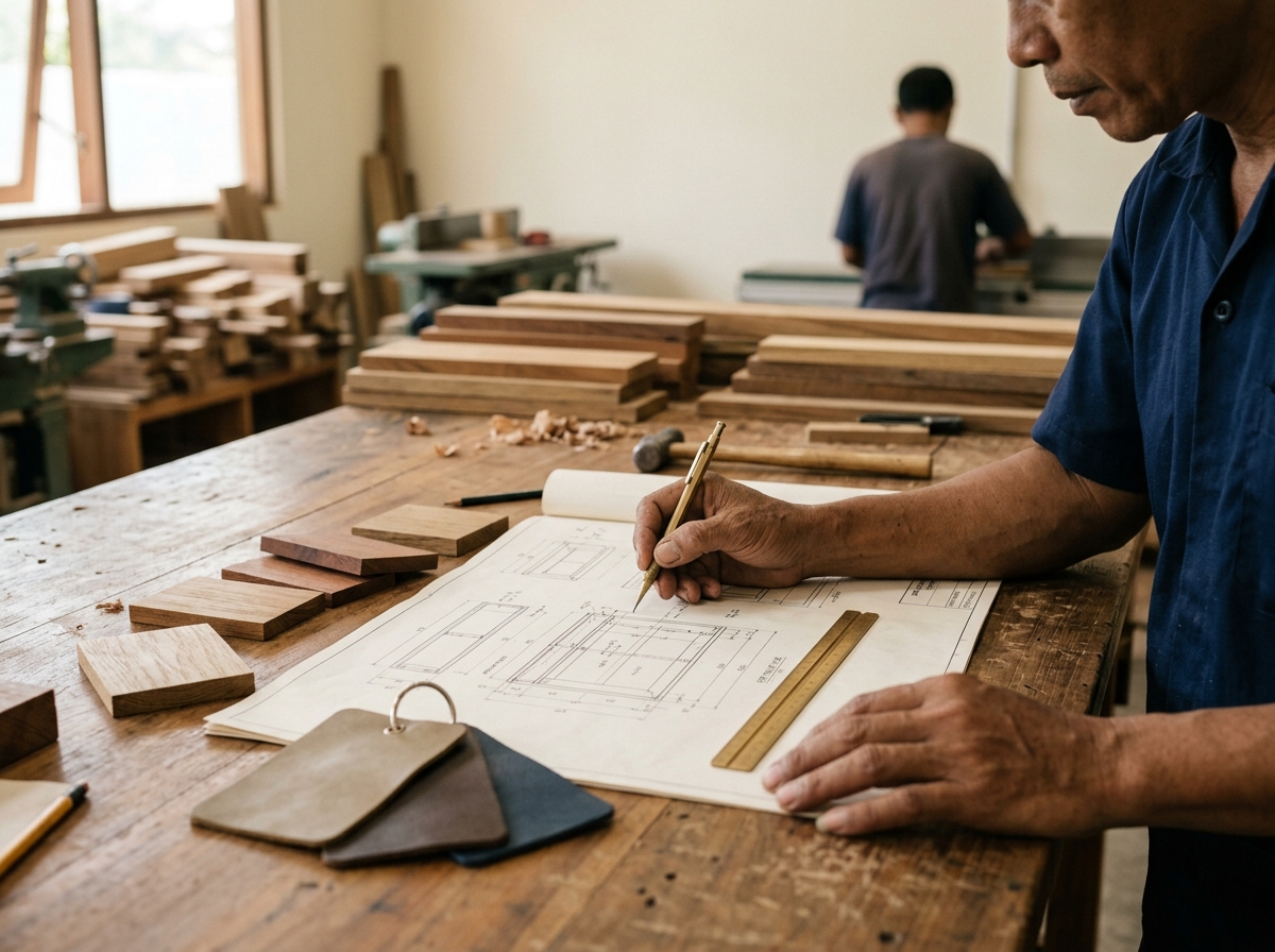 Furniture technical drawing review at Indonesian factory workshop