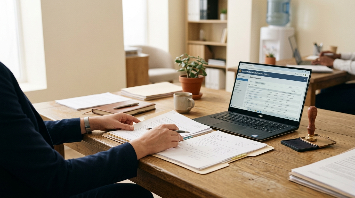 Wooden desk with open folders containing business documents, a laptop showing a government portal, and a stamp seal —…