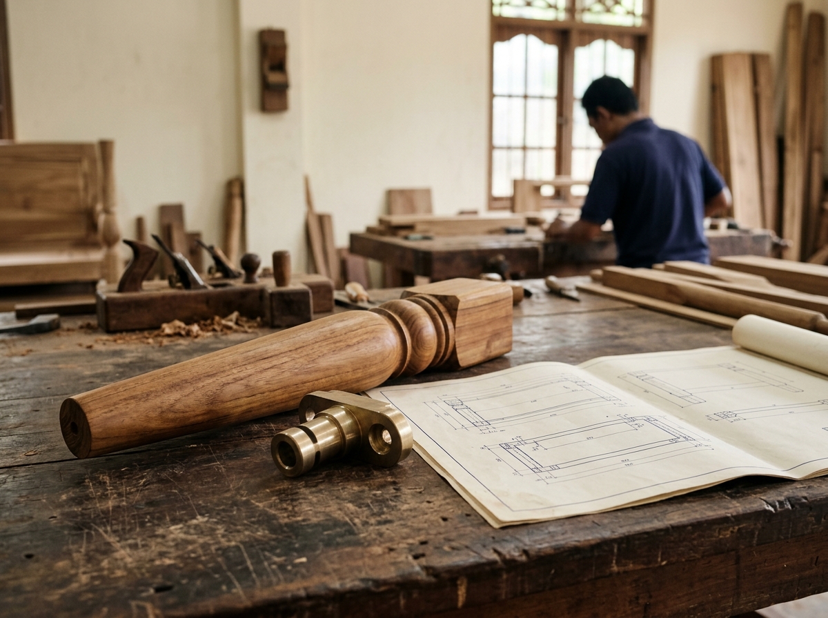 Furniture hardware and solid wood components on an Indonesian factory worktable alongside technical shop drawings