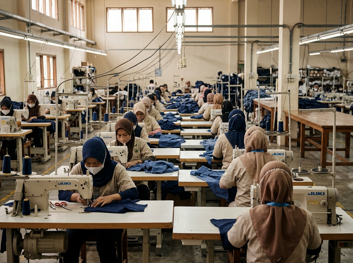 Indonesian garment factory sewing floor during production