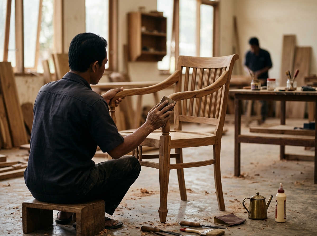 Indonesian furniture craftsmen finishing teak chairs in a Jepara workshop