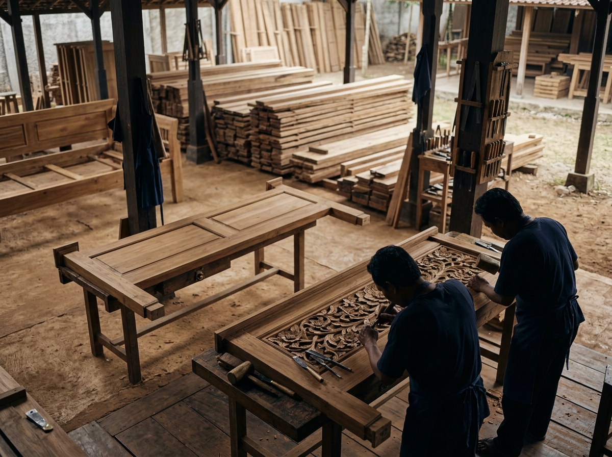 Jepara Indonesia teak furniture workshop with artisans hand-carving bedroom furniture