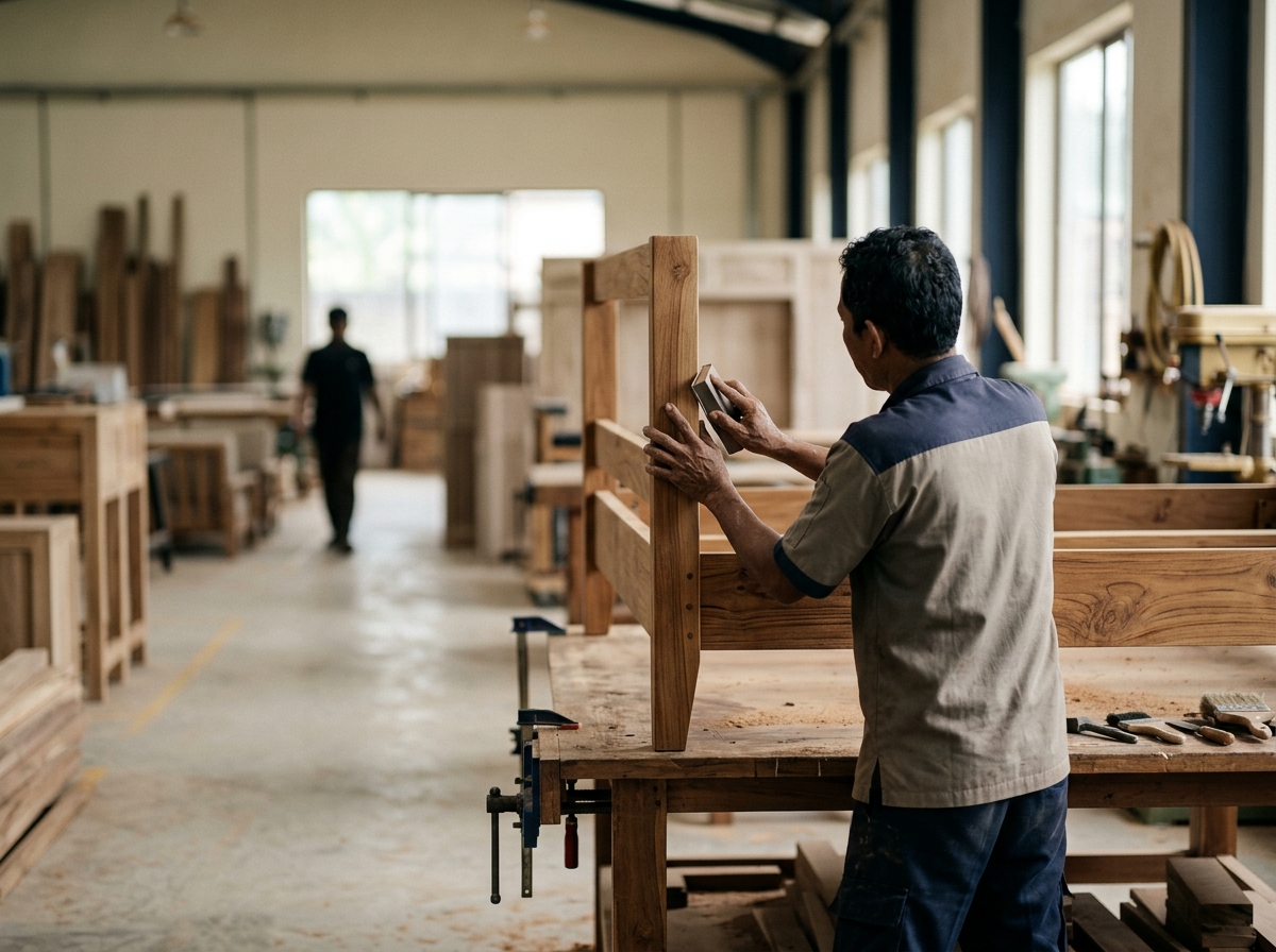 Indonesian furniture factory producing hotel bedroom FF&E order including teak bed frames and nightstands