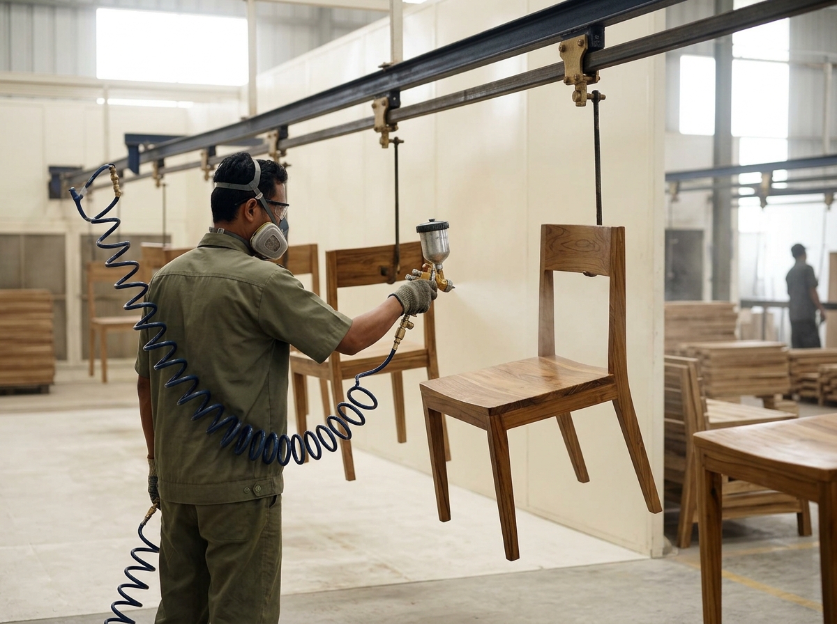 Spray booth operator applying PU lacquer to teak furniture in an Indonesian export factory