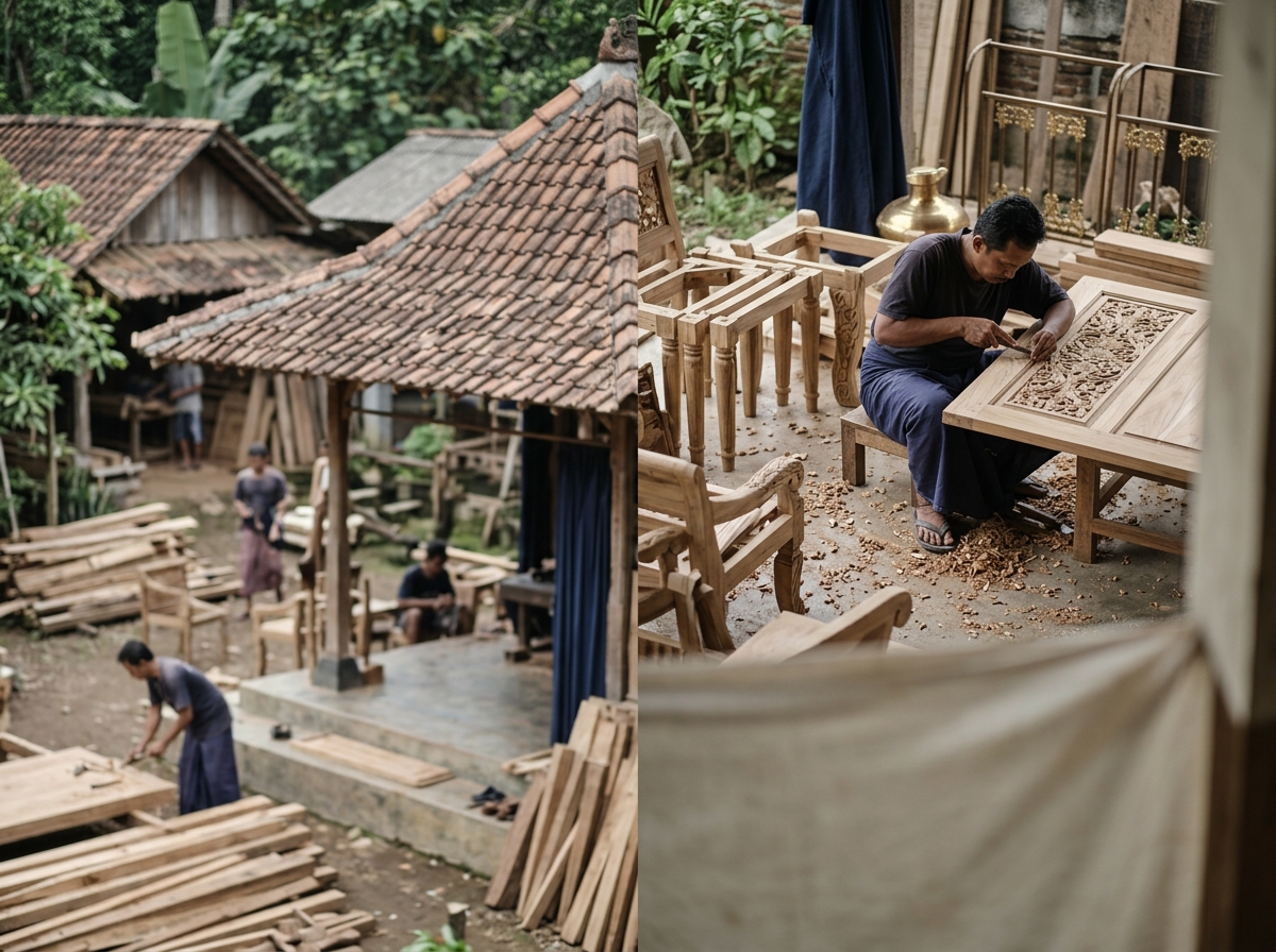 Furniture craftsmen working in a Jepara teak workshop