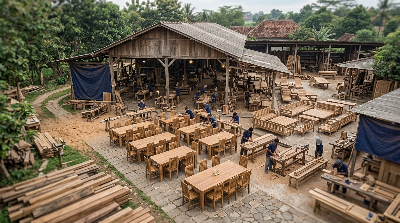 Aerial view of a large teak furniture workshop in Jepara, Central Java, with craftspeople working on finished dining sets…