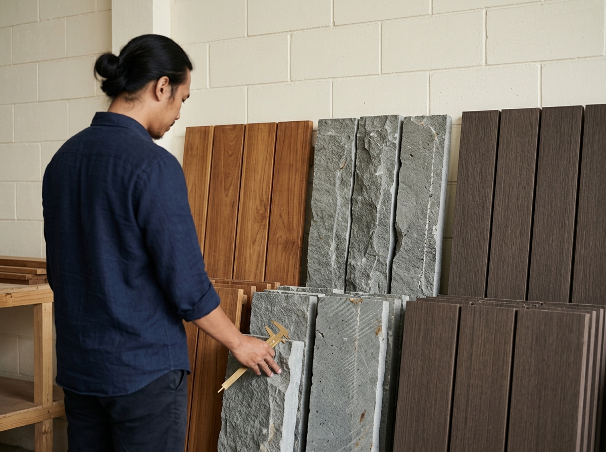 Indonesian facade materials including teak panels, andesite stone, and WPC composite boards