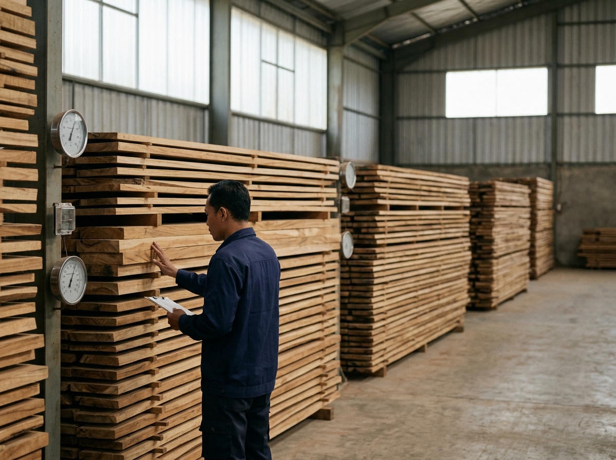 Kiln-drying room at an Indonesian hardwood flooring factory showing stacked teak planks