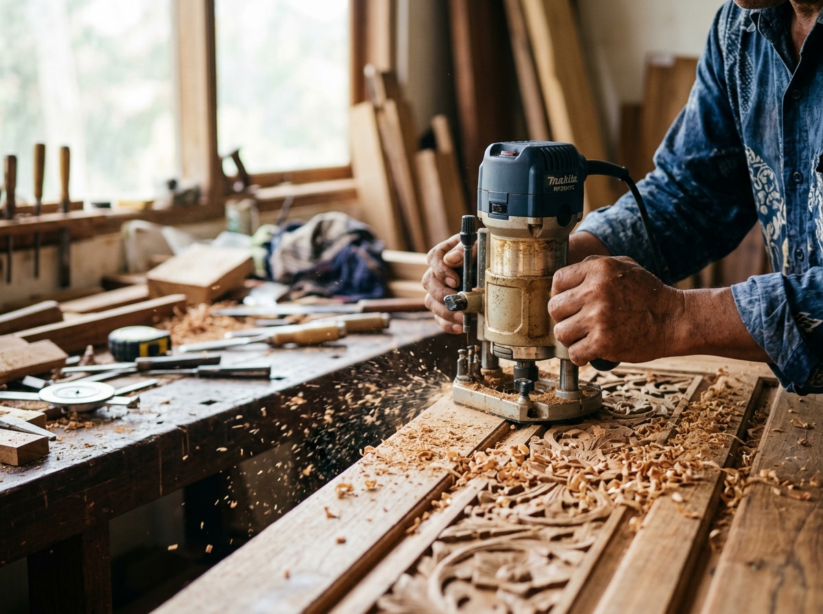 Indonesian artisan hand-finishing a teak door panel in a Jepara millwork workshop