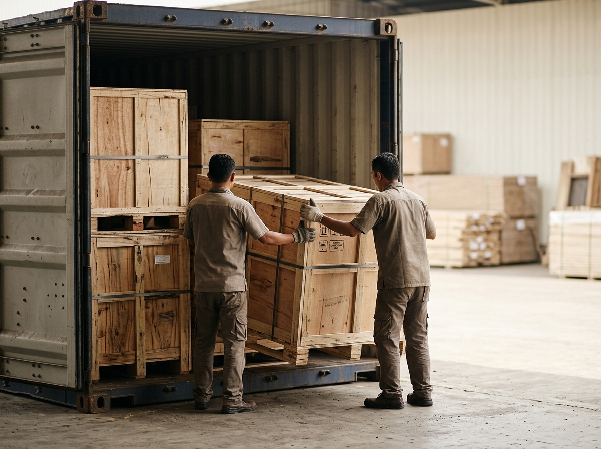 Container loading of crated Indonesian wooden doors at an export warehouse
