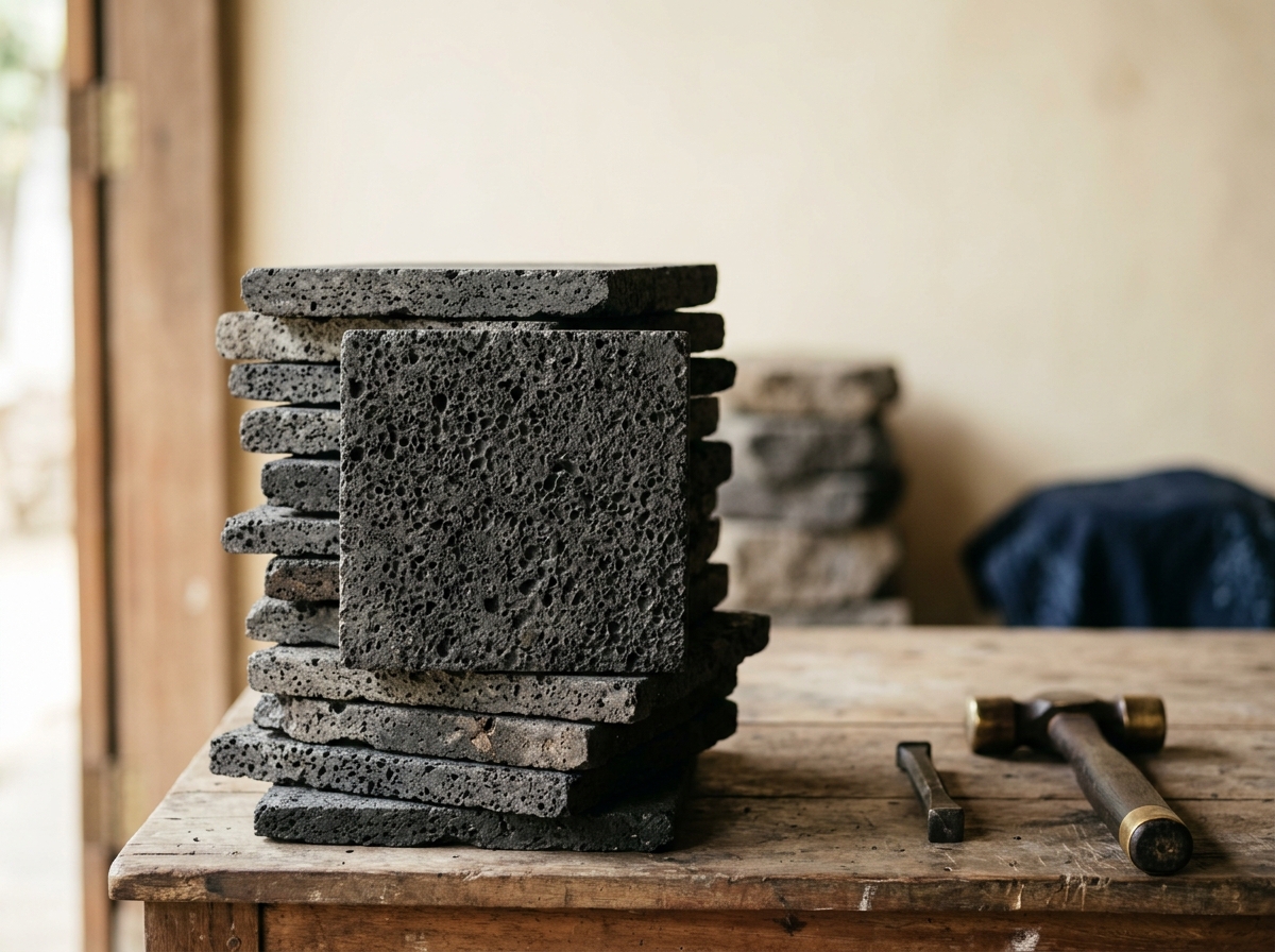 Black candi lava stone tiles showing porous volcanic texture