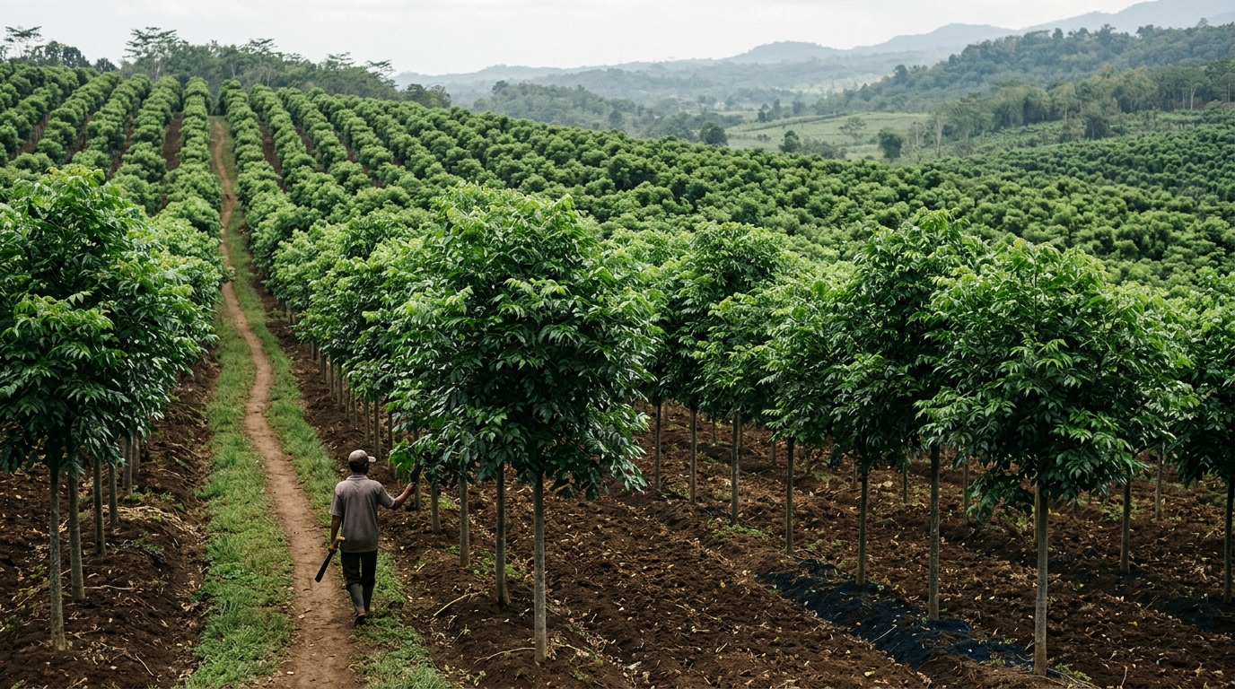 Mindi wood plantation on Java, Indonesia — rows of Melia azedarach trees at mid-growth stage with dense canopy, tropical…