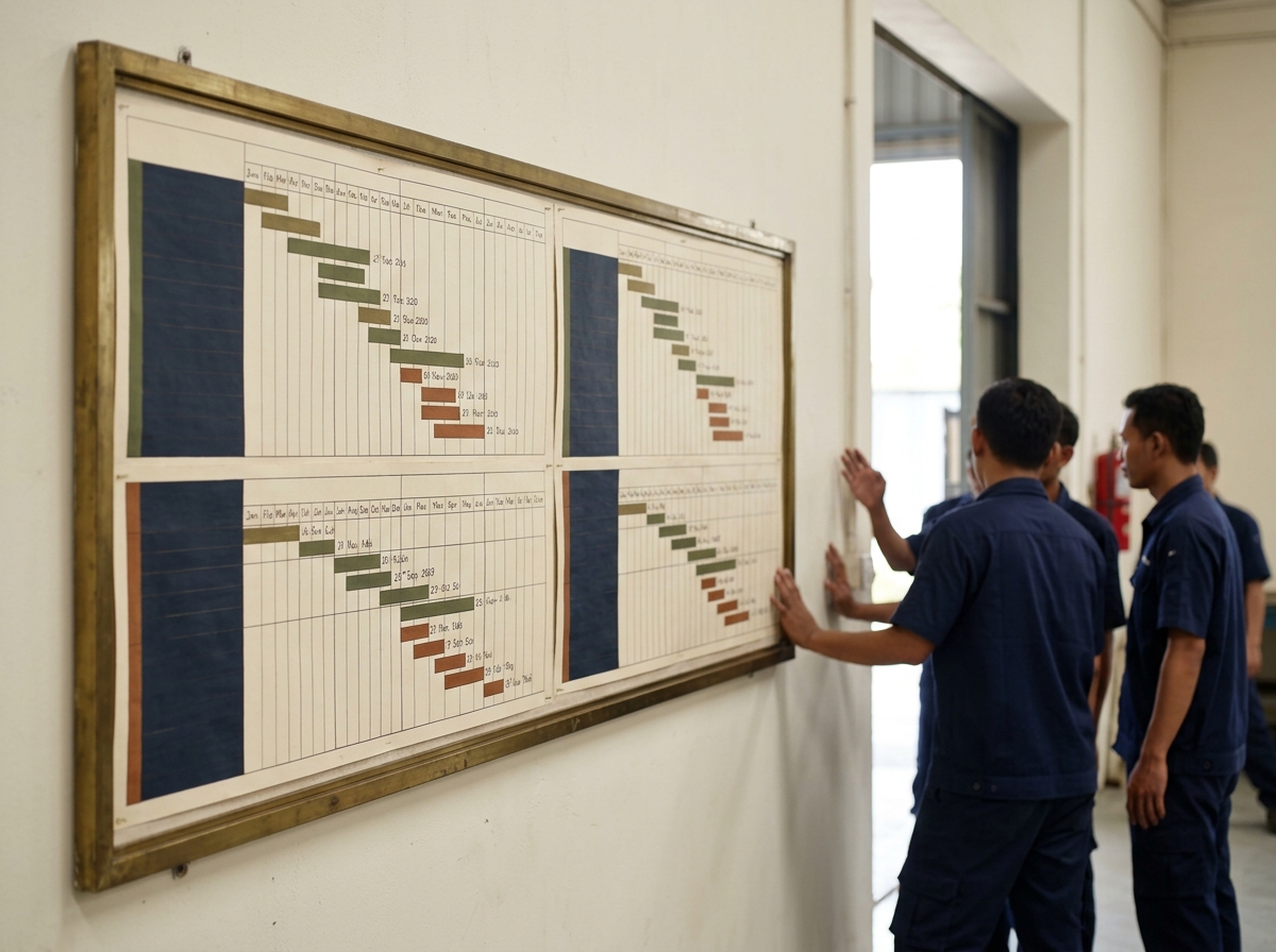 Master production schedule board at an Indonesian furniture factory