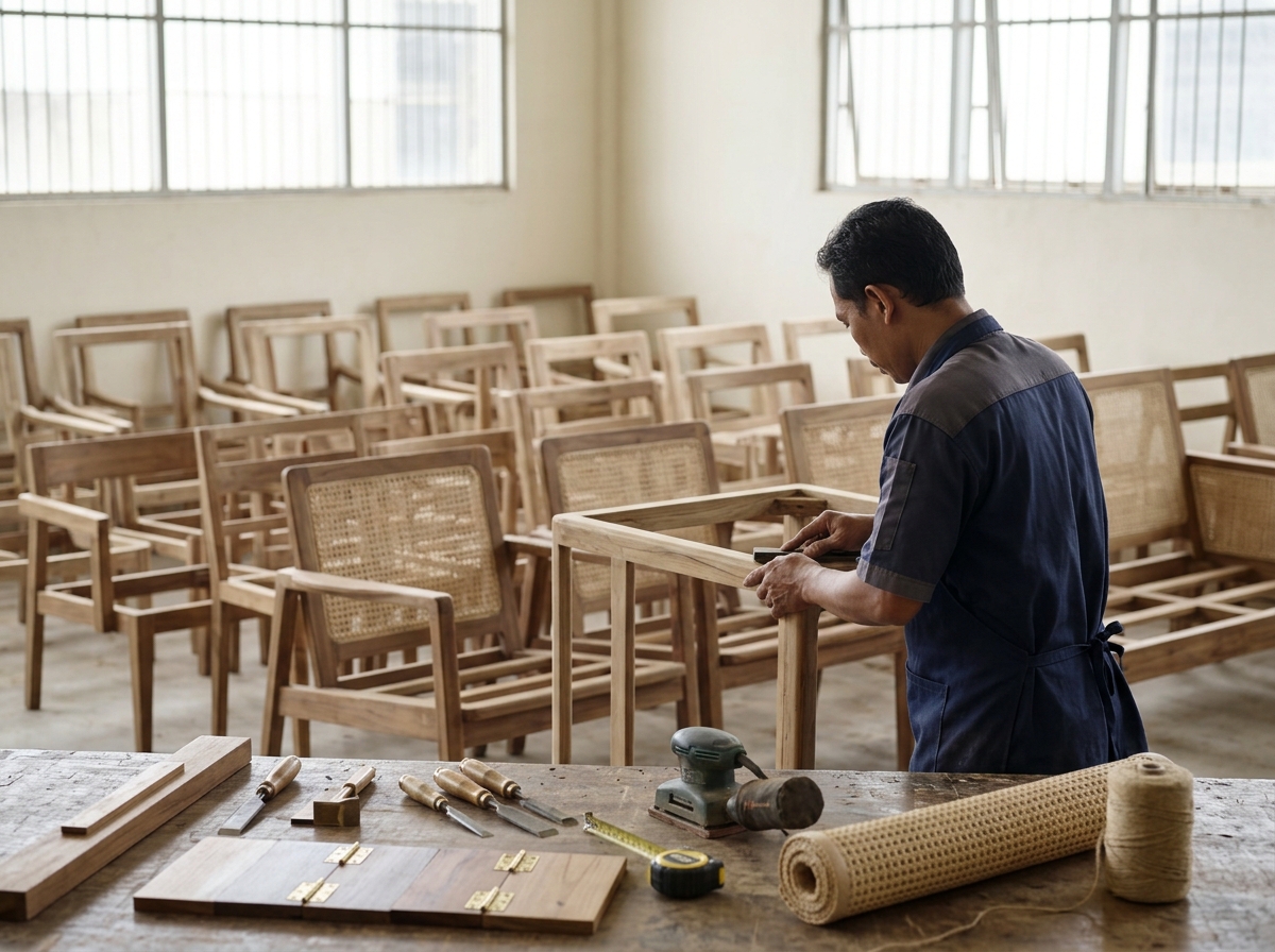 Teak and rattan ODM furniture production in a Jepara factory workshop