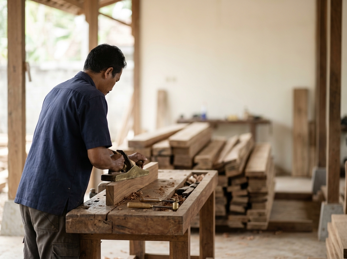 Jepara furniture factory interior showing joinery workbenches and teak lumber