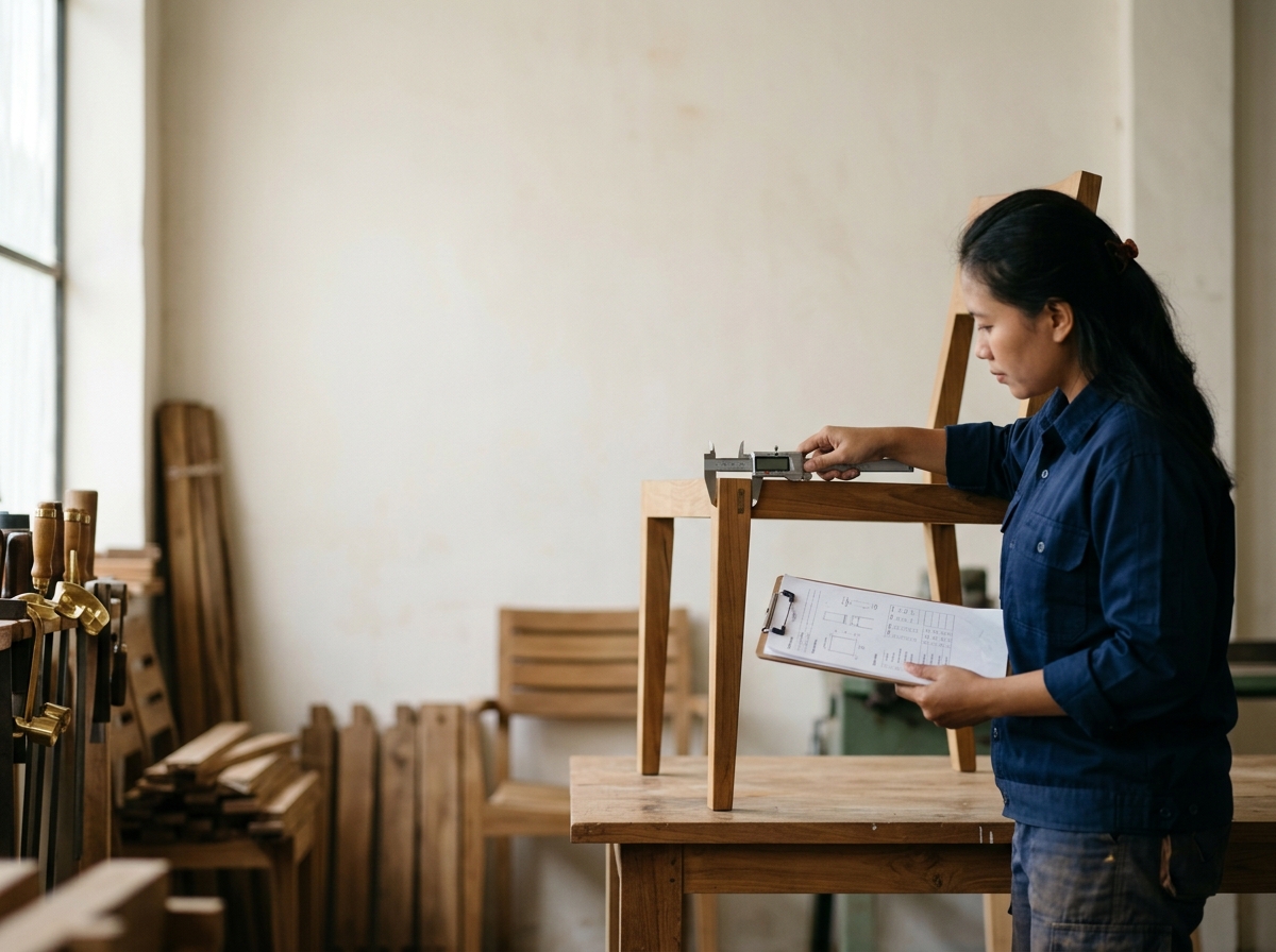 QC inspector measuring teak chair dimensions in Indonesian furniture factory