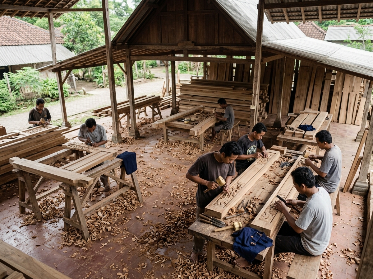 Teak furniture craftsmen at work in a Jepara woodworking workshop