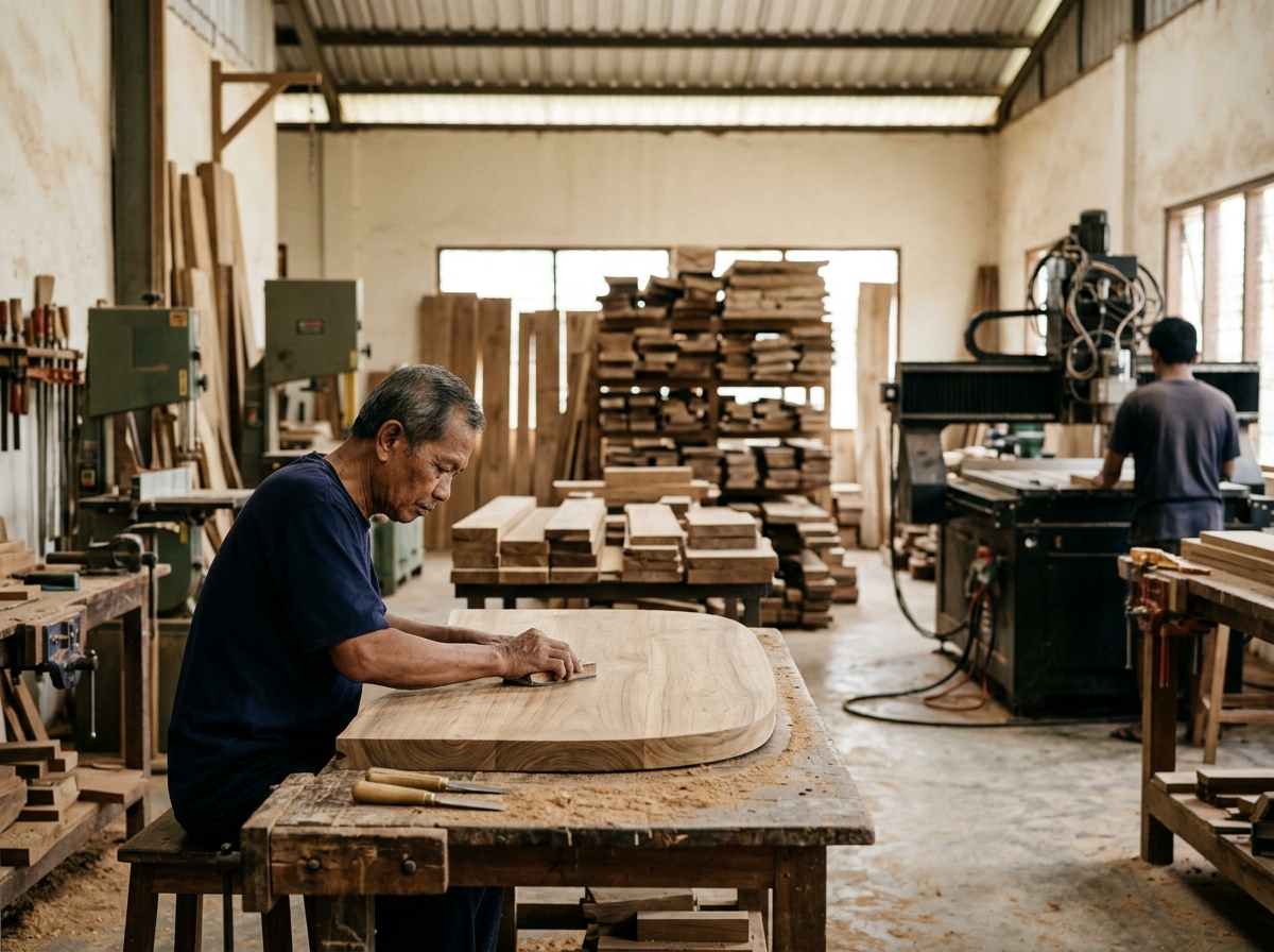 Jepara Indonesia furniture workshop with teak office desk production