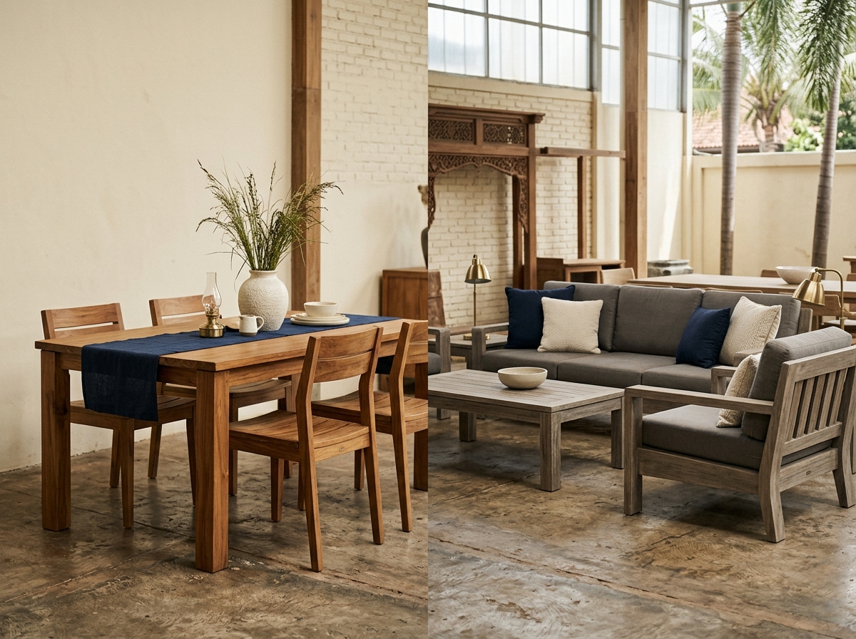 Outdoor teak furniture collection in Jepara factory showroom
