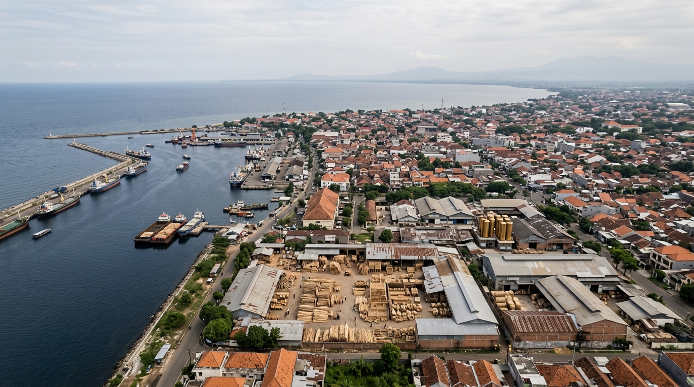 Aerial view of Cirebon city on the northern coast of West Java Indonesia near the harbor with rattan furniture workshops…