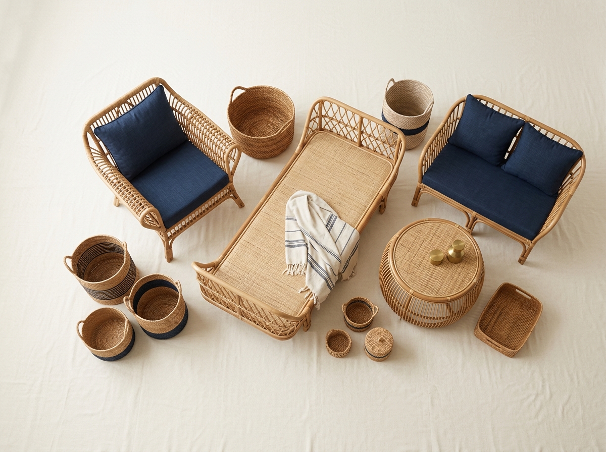 Diverse rattan furniture product range from Cirebon Indonesia including indoor chairs, outdoor loungers, and woven accessories