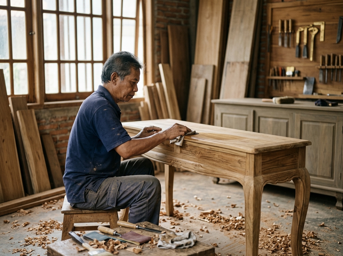Teak furniture craftsman finishing a resort console table in a Jepara workshop