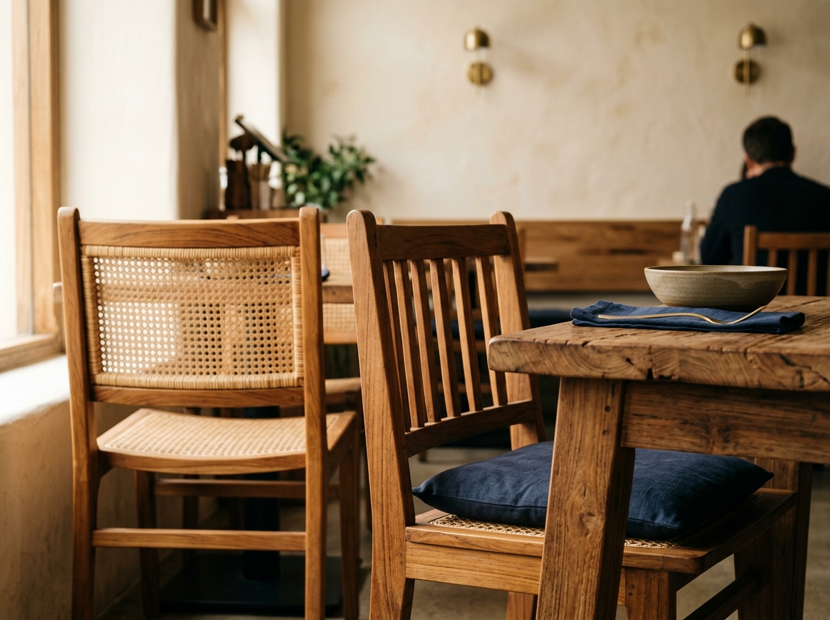 Indonesian teak restaurant furniture in a dining room